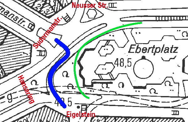 Neue Variante 2: Der Fußweg führt über die bestehende Busspur direkt zur Sudermanstraße! Der Übergang Hansaring entfällt. (blau: Fußweg; grün: Bus) - © gf  2005