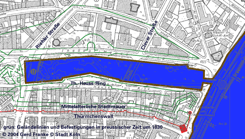 Rekonstruktion mit Hilfe historischer Plne - © Gerd Franke Geobasisdaten: Landesvermessungsamt NRW, mit Genehmigung des Amtes fr Liegenschaften, Vermessung und Kataster der Stadt Kln vom 27. Oktober 2003, AGB-Nr.: 4261/2003